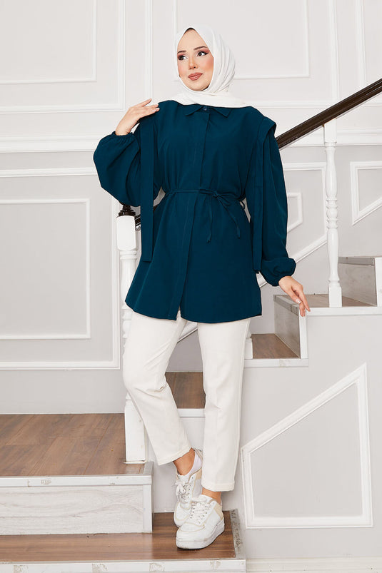 Omuz Detaylı Gizli Düğmeli Tesettür Gömlek Petrol