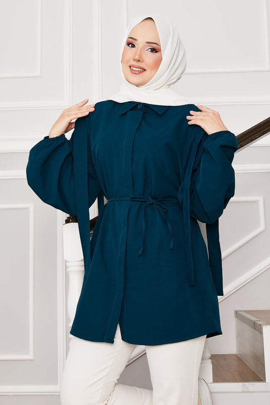 Shoulder Detailed Hidden Button Hijab Shirt Petrol