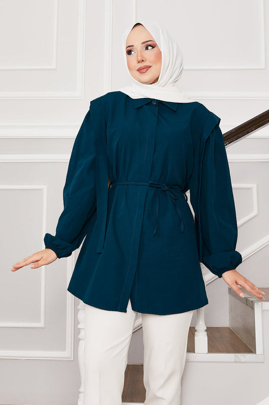 Shoulder Detailed Hidden Button Hijab Shirt Petrol