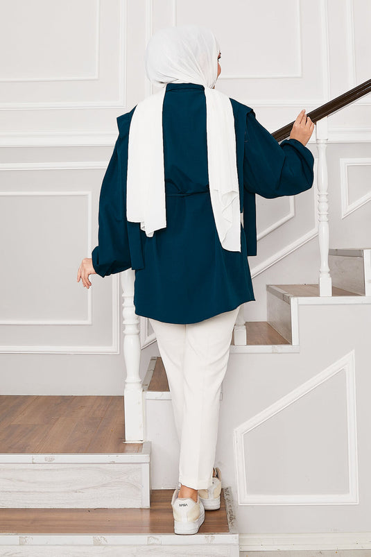 Omuz Detaylı Gizli Düğmeli Tesettür Gömlek Petrol