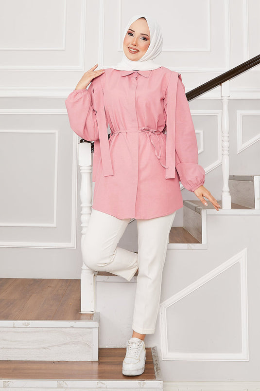 Omuz Detaylı Gizli Düğmeli Tesettür Gömlek Pudra