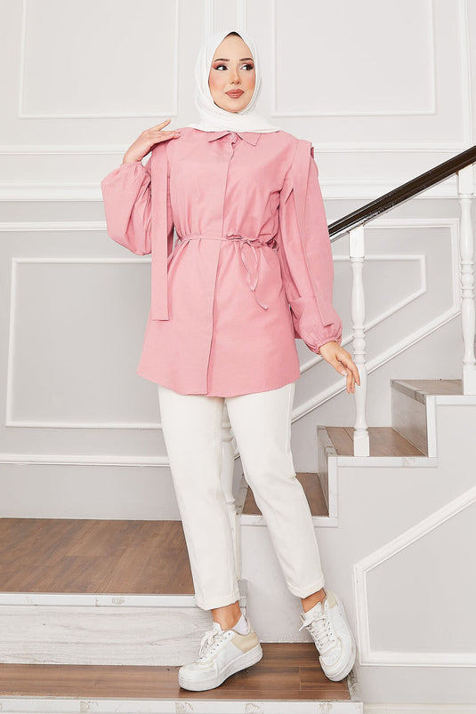 Shoulder Detailed Hidden Button Hijab Shirt Powder