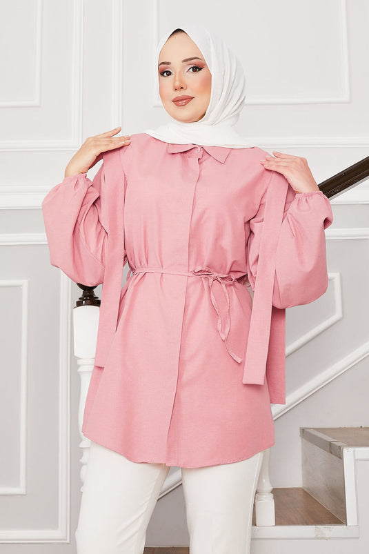 Shoulder Detailed Hidden Button Hijab Shirt Powder