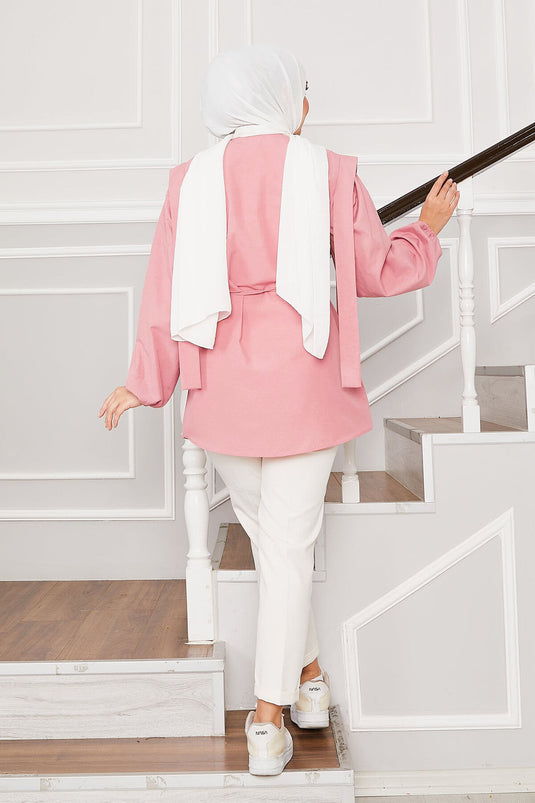 Omuz Detaylı Gizli Düğmeli Tesettür Gömlek Pudra