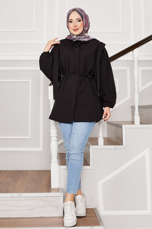 Omuz Detaylı Gizli Düğmeli Tesettür Gömlek Siyah