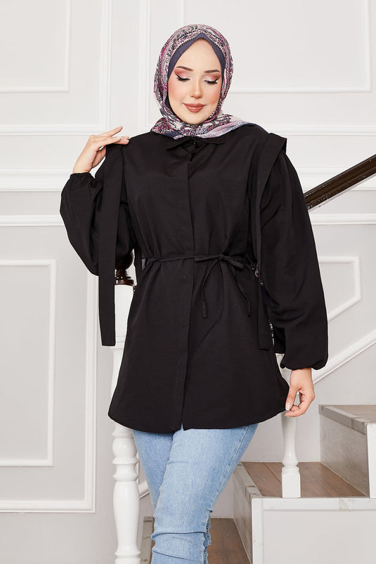Shoulder Detailed Hidden Button Hijab Shirt Black