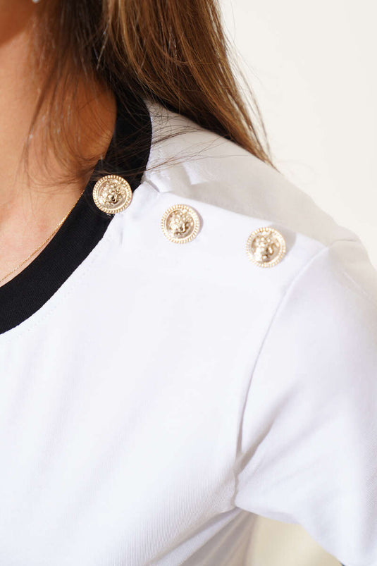 Omuz Düğmeli Bluz Beyaz