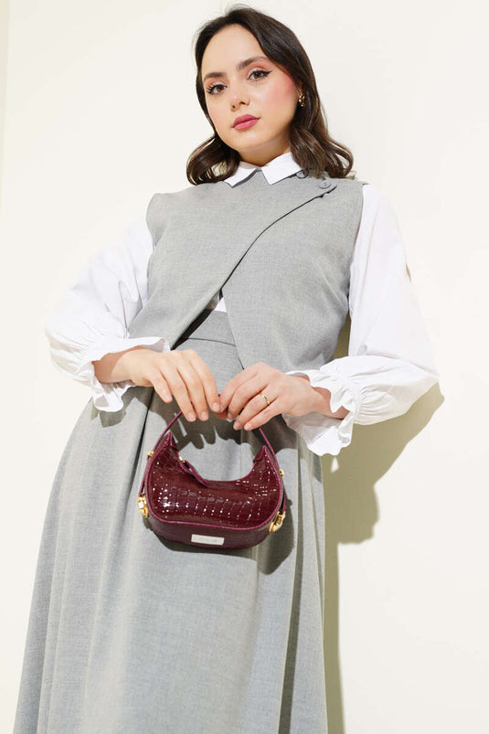 بدلة تنورة صدرية بأزرار متقاطعة على الكتف باللون الرمادي