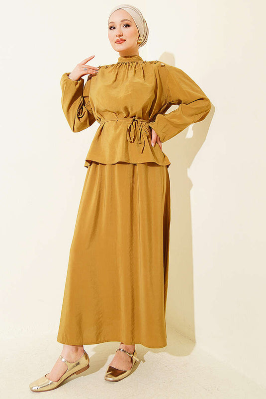 Shoulder Buttoned Tie-Belt Modal Skirt Set Olive Green