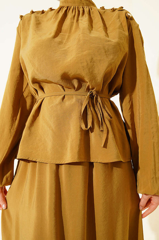 Shoulder Buttoned Tie-Belt Modal Skirt Set Olive Green