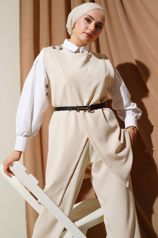 Shoulder Buttoned Belted Vest Two-Piece Set Beige