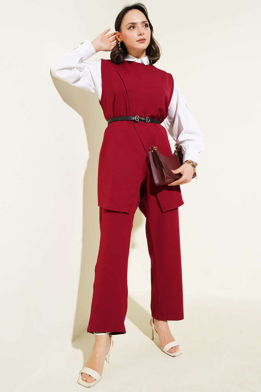 Weste mit Schulterknöpfen und Gürtel, zweiteiliges Set, Weinrot