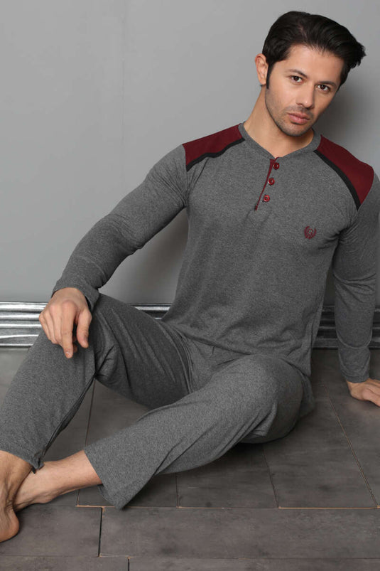 Ensemble pyjama homme à manches longues et boutons sur les épaules, couleur fumée