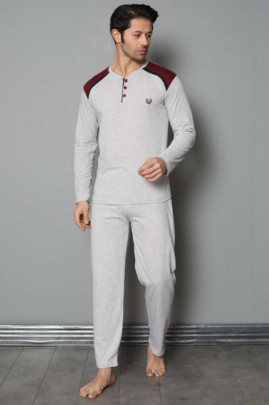 طقم بيجاما رجالي بأكمام طويلة وأزرار على الكتف، رمادي