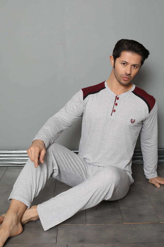 طقم بيجاما رجالي بأكمام طويلة وأزرار على الكتف، رمادي
