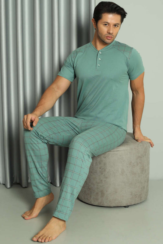 Ensemble pyjama homme à carreaux, manches courtes, vert