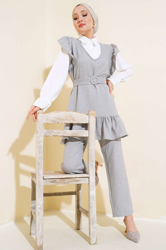 Shoulder Puff Three-Piece Linen Set Gray