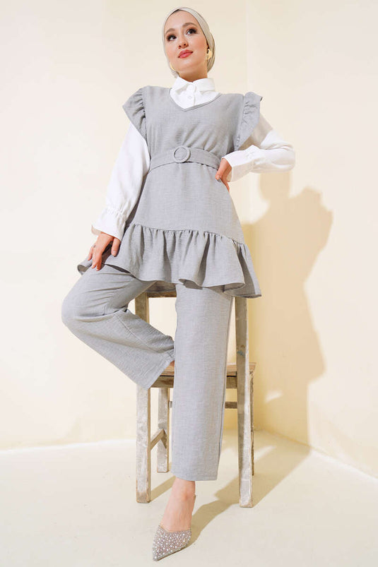 Shoulder Puff Three-Piece Linen Set Gray