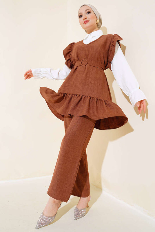 Shoulder Puff Three-Piece Linen Set Coffee