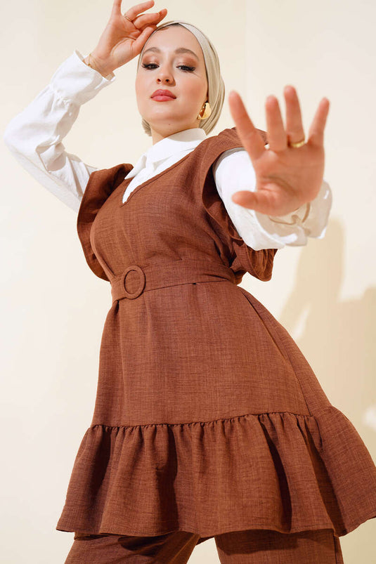 Shoulder Puff Three-Piece Linen Set Coffee