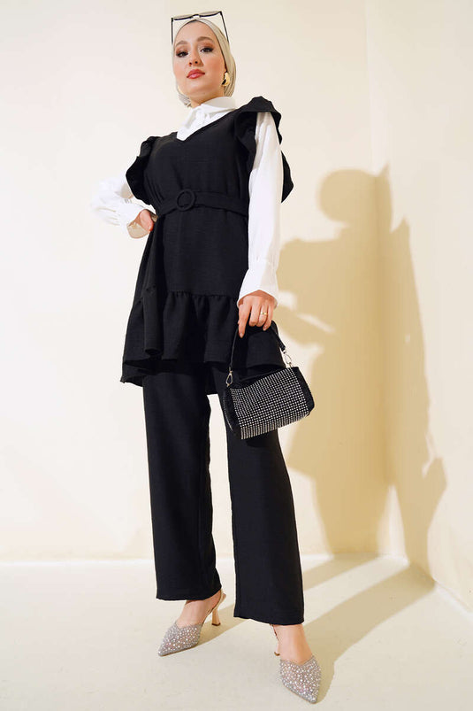 Shoulder Puff Three-Piece Linen Set Black