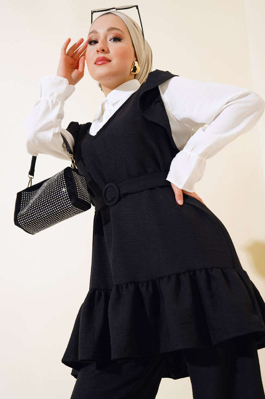 Shoulder Puff Three-Piece Linen Set Black