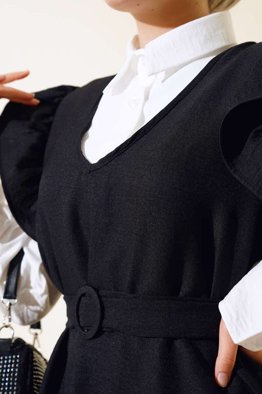 بدلة كتان ثلاثية الكتفين باللون الأسود