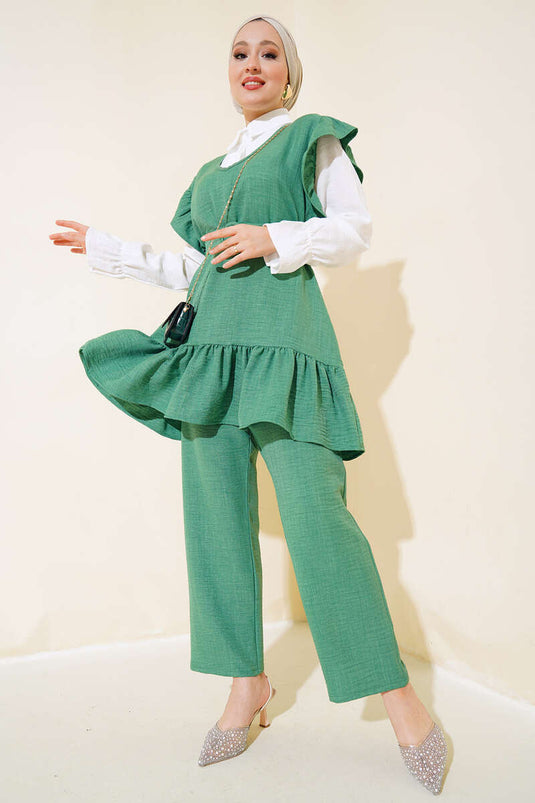 Shoulder Puff Three-Piece Linen Set Green