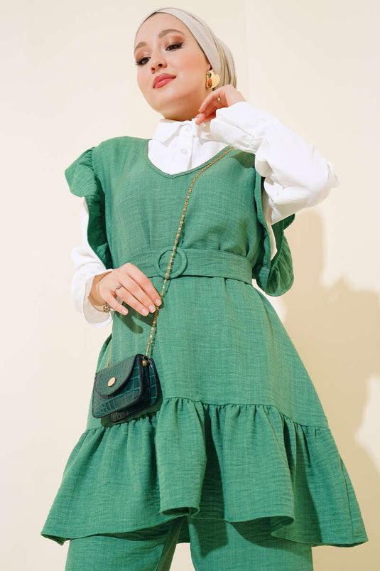 Shoulder Puff Three-Piece Linen Set Green