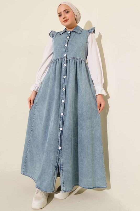 فستان أوموز بتفاصيل كشكش باللون الأزرق الجينز