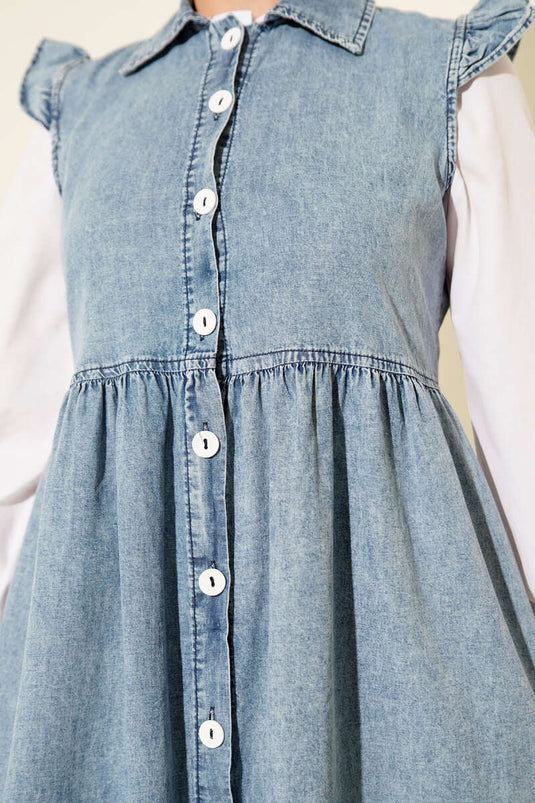 فستان أوموز بتفاصيل كشكش باللون الأزرق الجينز