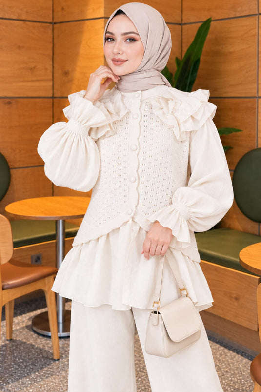 Ecru Ruffled Shoulder Knit Two-Piece Set