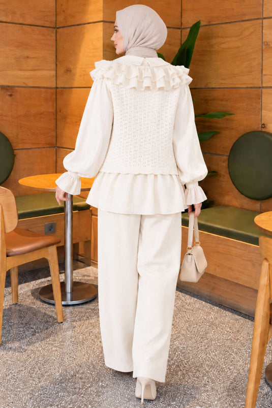 Ecru Ruffled Shoulder Knit Two-Piece Set