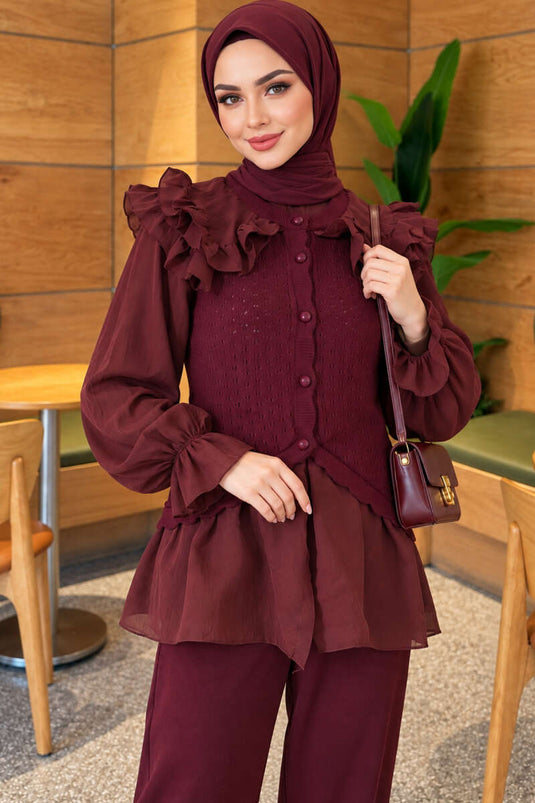 Purple Ruffled Shoulder Knit Set