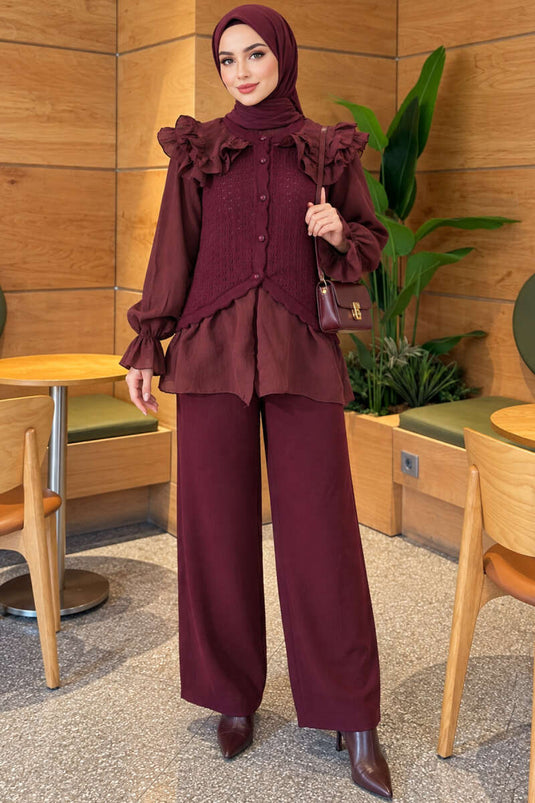 Purple Ruffled Shoulder Knit Set
