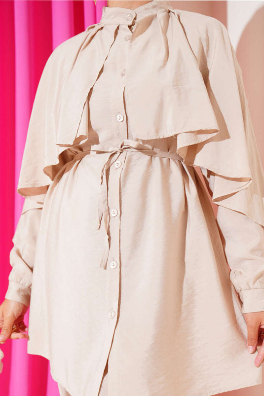 Shoulder Ruffle Cape Two Piece Suit Beige