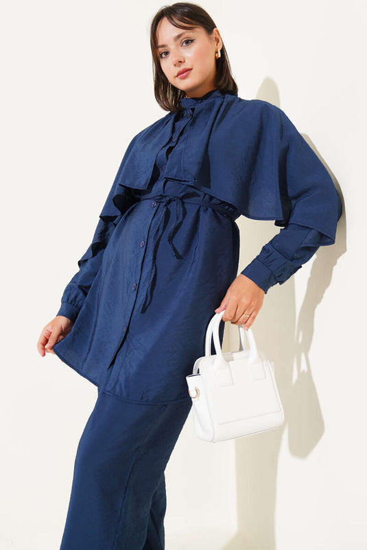 Shoulder Ruffle Cape Two Piece Suit Navy Blue