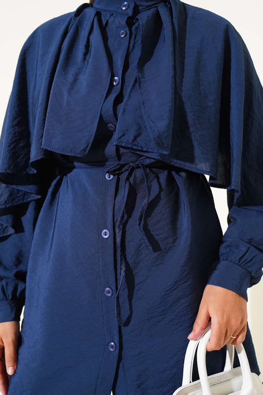 Shoulder Ruffle Cape Two Piece Suit Navy Blue