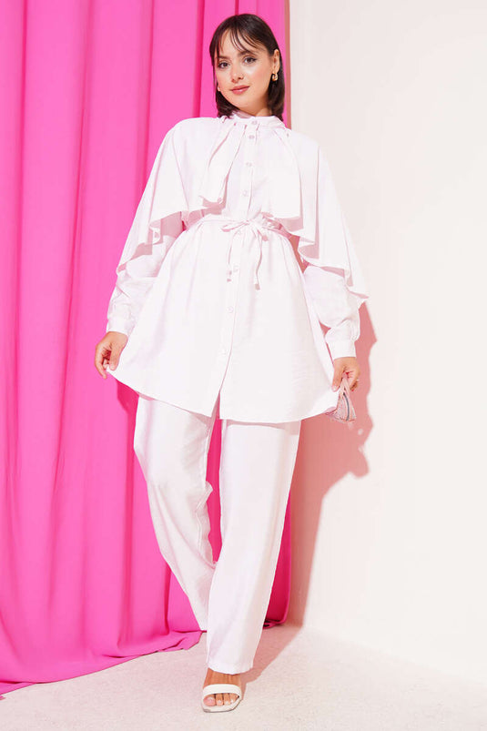 Shoulder Ruffle Cape Two Piece Suit Pink
