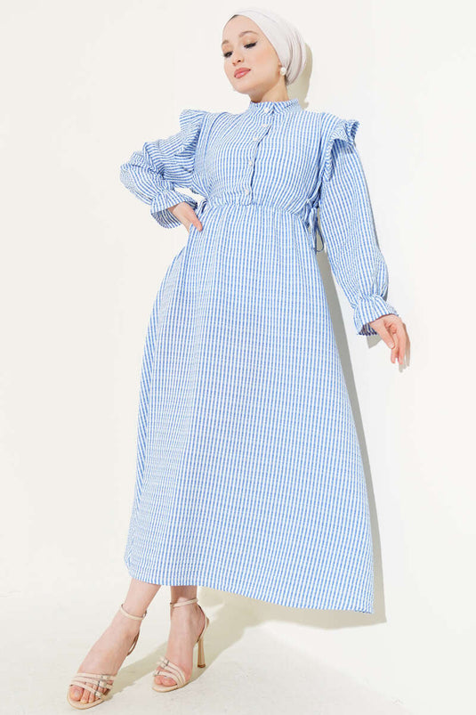 Gestreiftes Seersucker-Kleid mit Schulterrüschen, Indigoblau