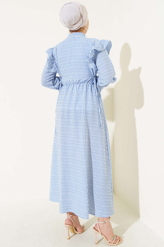 Gestreiftes Seersucker-Kleid mit Schulterrüschen, Indigoblau