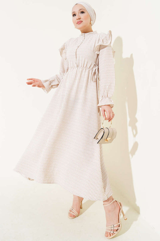 Shoulder Ruffled Striped Gingham Dress Latte