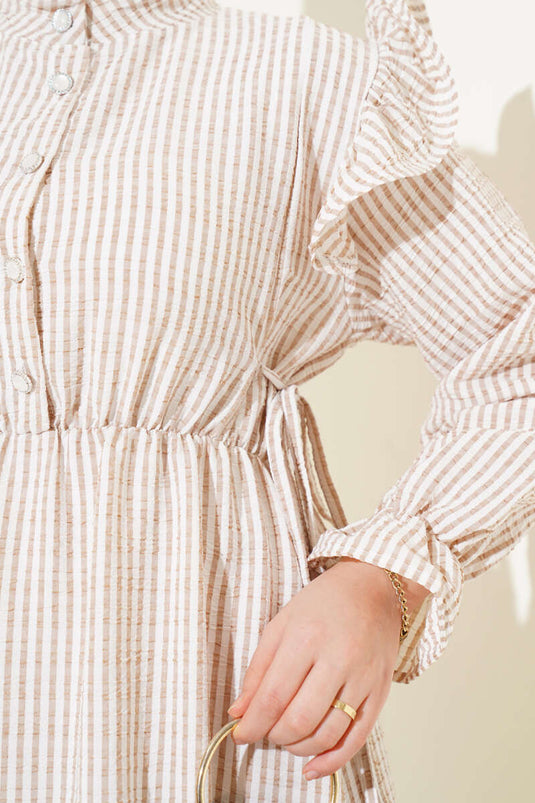 Shoulder Ruffled Striped Gingham Dress Latte