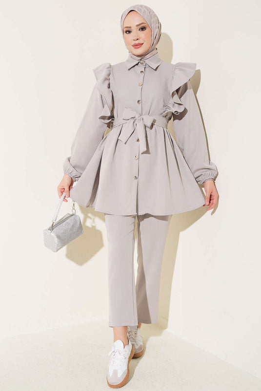 Grey Ruffled Shoulder Buttoned Two-Piece Set