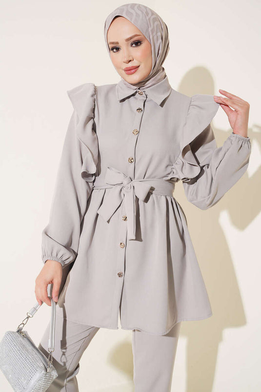 Grey Ruffled Shoulder Buttoned Two-Piece Set