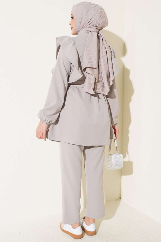 Grey Ruffled Shoulder Buttoned Two-Piece Set