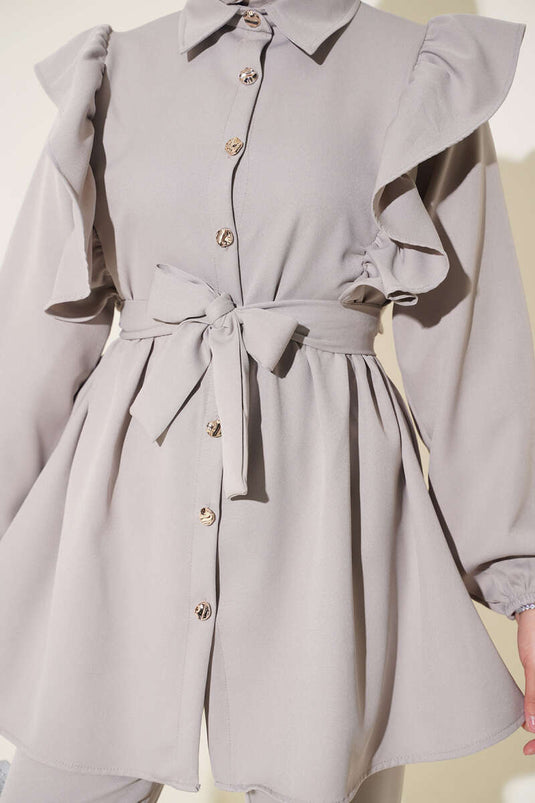 Grey Ruffled Shoulder Buttoned Two-Piece Set