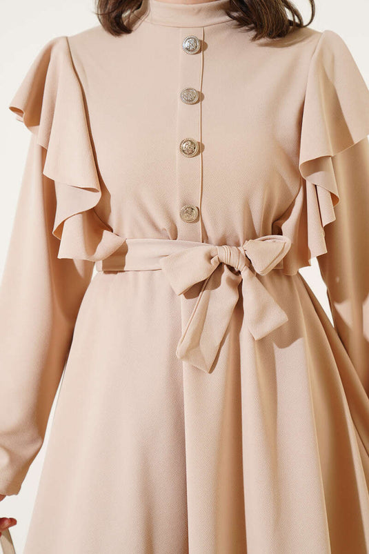 Shoulder Ruffle Button Detailed Two Piece Suit Beige
