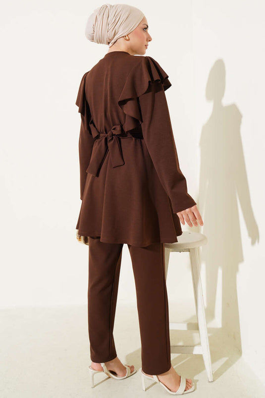 Two-Piece Set with Shoulder Ruffles and Button Details, Brown