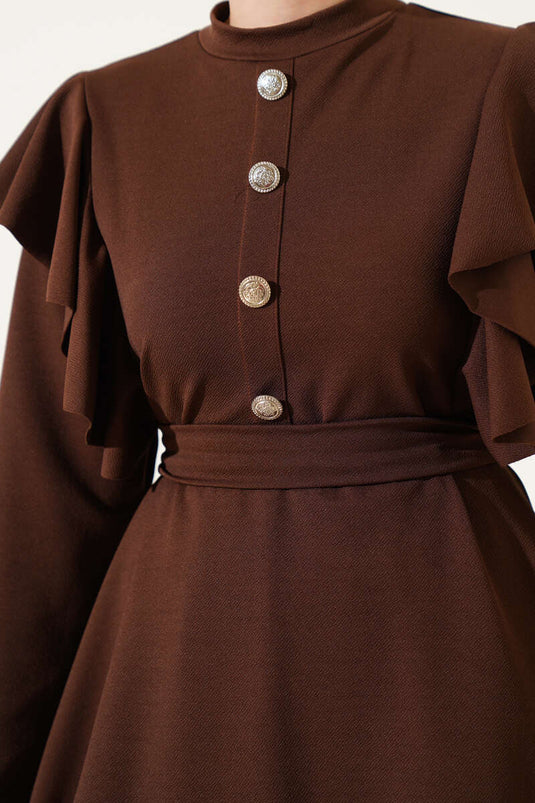 Two-Piece Set with Shoulder Ruffles and Button Details, Brown